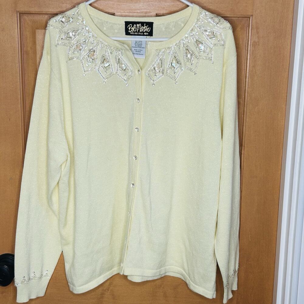 Bob Mackie Cardigan 1X Yellow Beads Sequins Sparkle Buttons Art to Wear Sweater